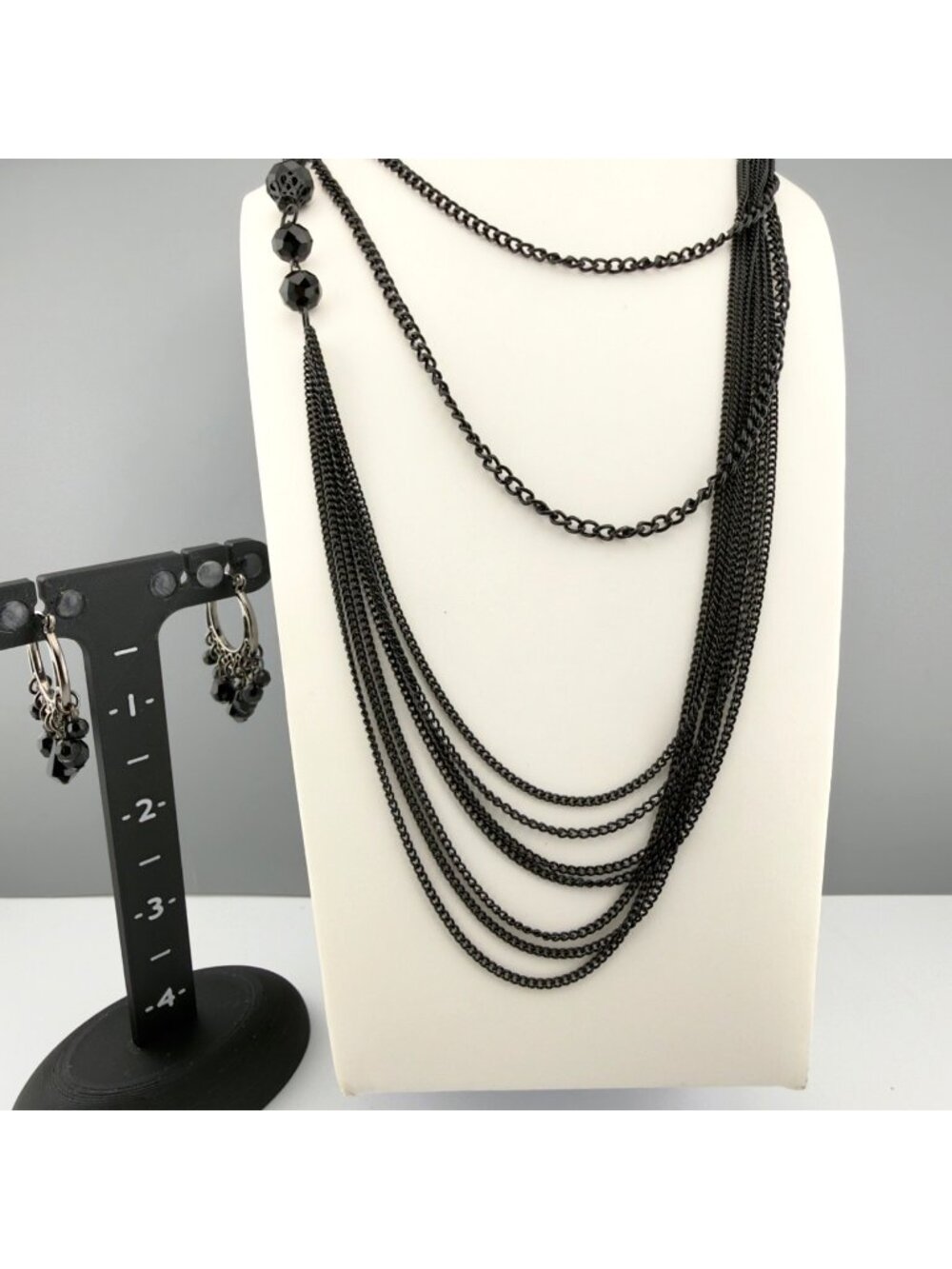 Black Multi Strand Beaded Chain Necklace Hoop Earrings Set 36" Adjustable